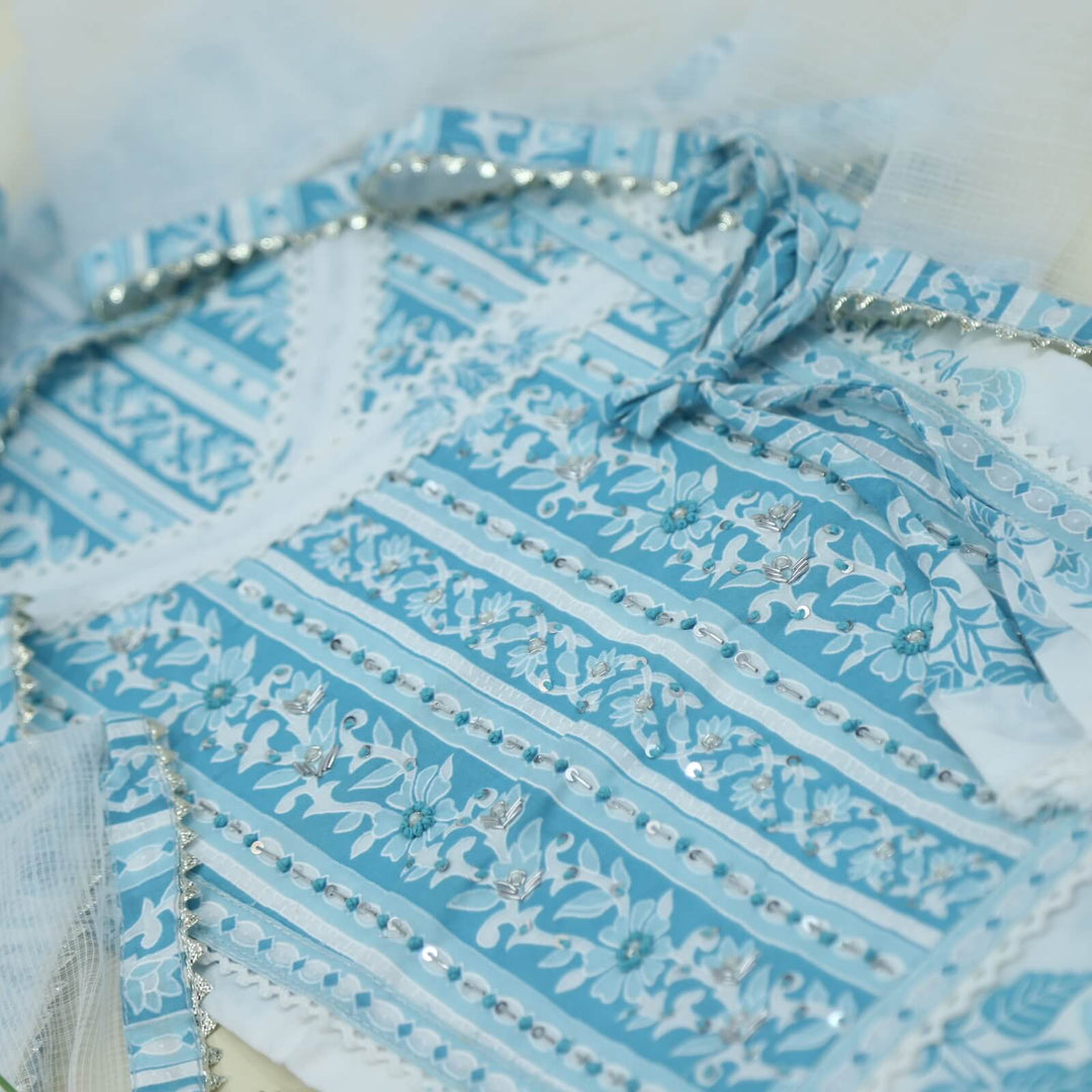 Khwaab White and Sky Blue Floral Printed Angrakha Cotton Top with Semi Cotton and Kota Dupatta Set