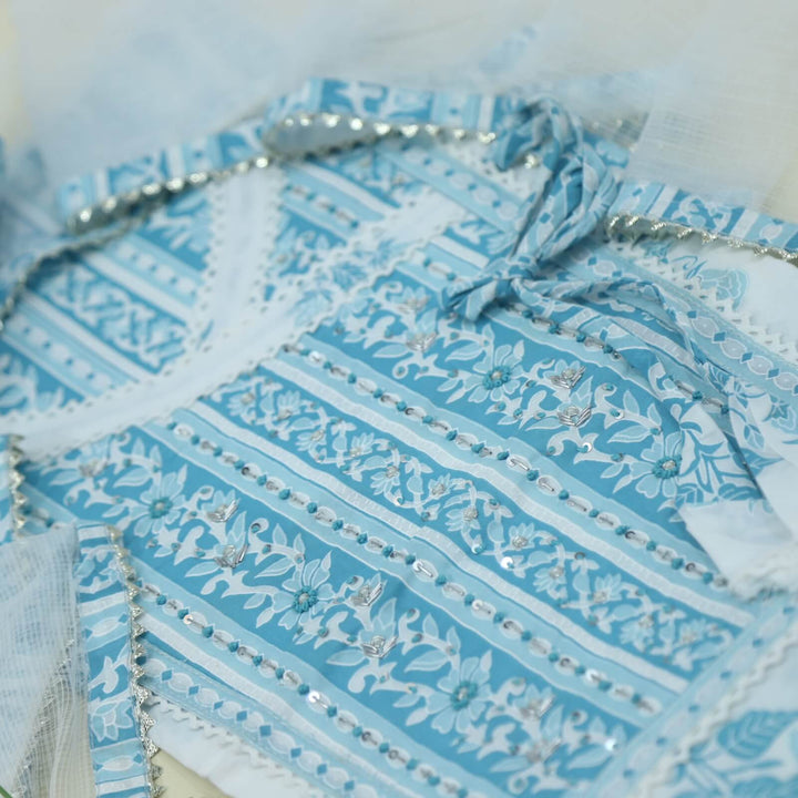 Khwaab White and Sky Blue Floral Printed Angrakha Cotton Top with Semi Cotton and Kota Dupatta Set
