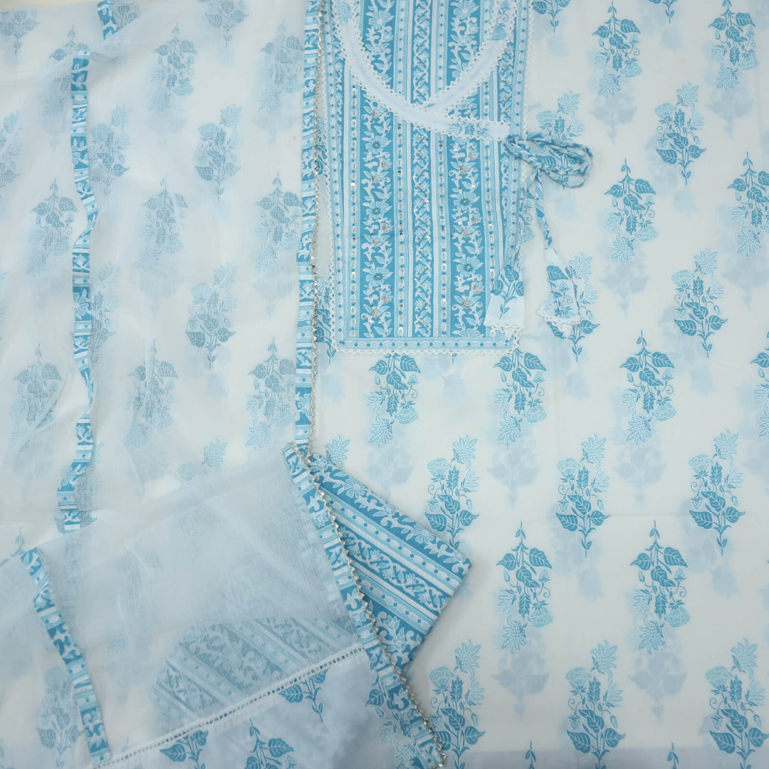 Khwaab White and Sky Blue Floral Printed Angrakha Cotton Top with Semi Cotton and Kota Dupatta Set