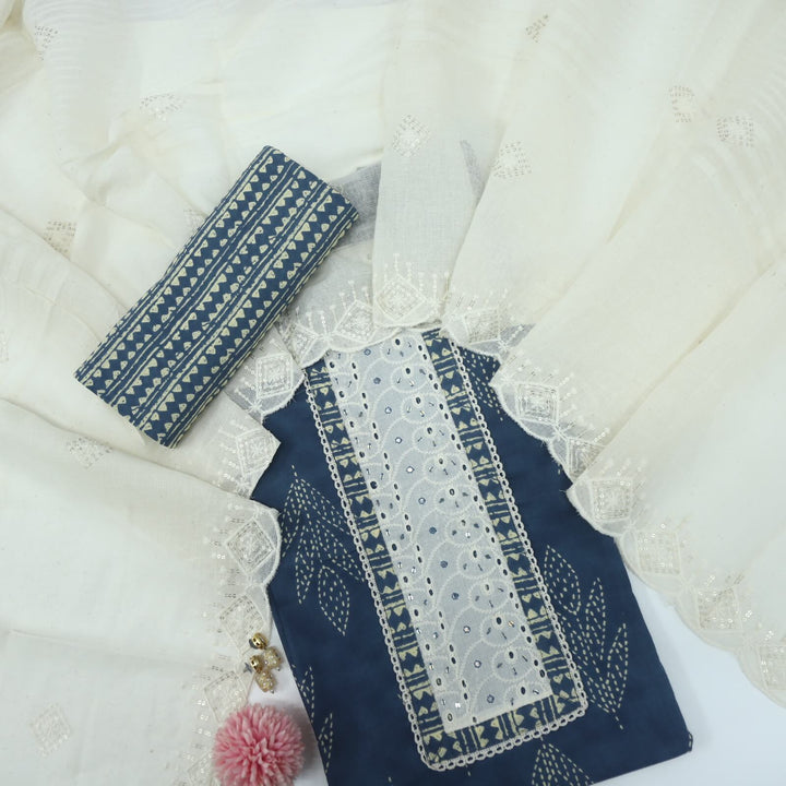 Lehjaa Aegean Blue Printed Cotton Top with Kota Doriya Dupatta Set