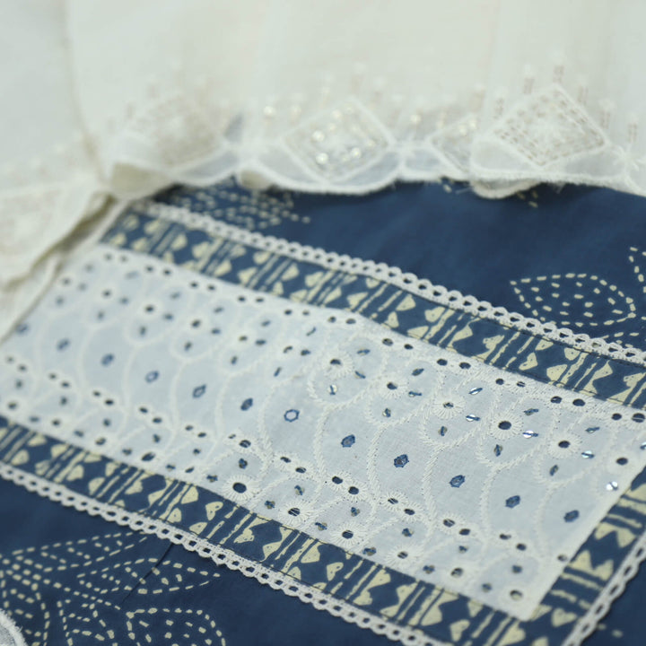 Lehjaa Aegean Blue Printed Cotton Top with Kota Doriya Dupatta Set