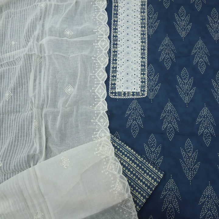 Lehjaa Aegean Blue Printed Cotton Top with Kota Doriya Dupatta Set