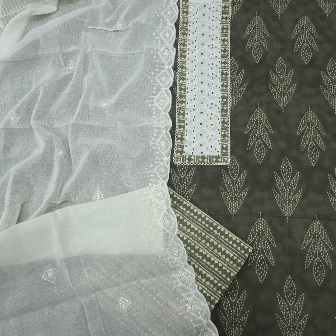 Lehjaa Moss Green Printed Cotton Top with Kota Doriya Dupatta Set