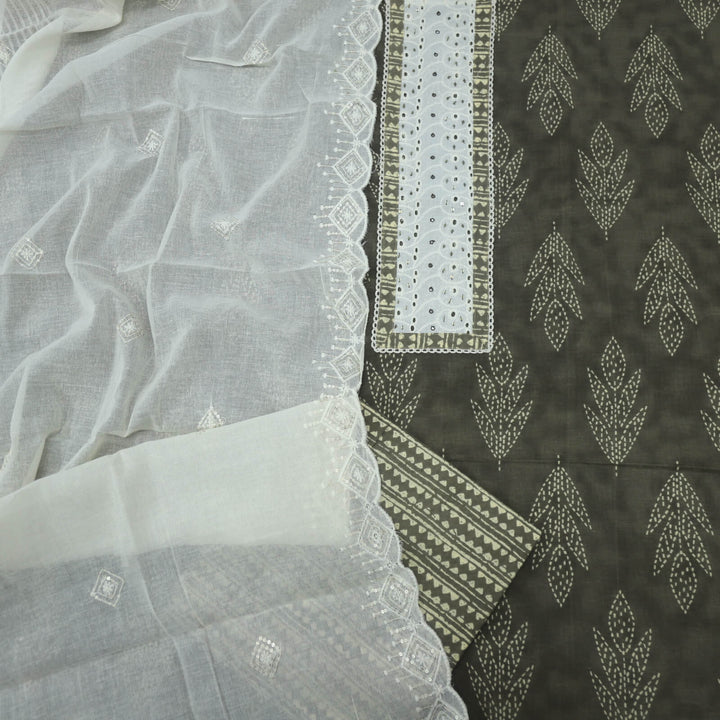 Lehjaa Moss Green Printed Cotton Top with Kota Doriya Dupatta Set