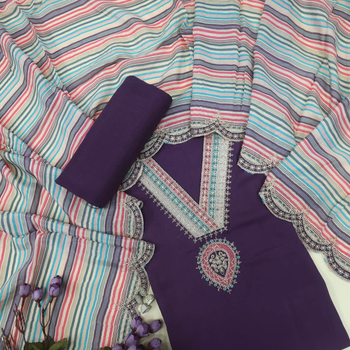 Lehjaa Dark Purple V Neck Pita Work Muslin Top with Stripe Printed Cotton Silk Dupatta Set