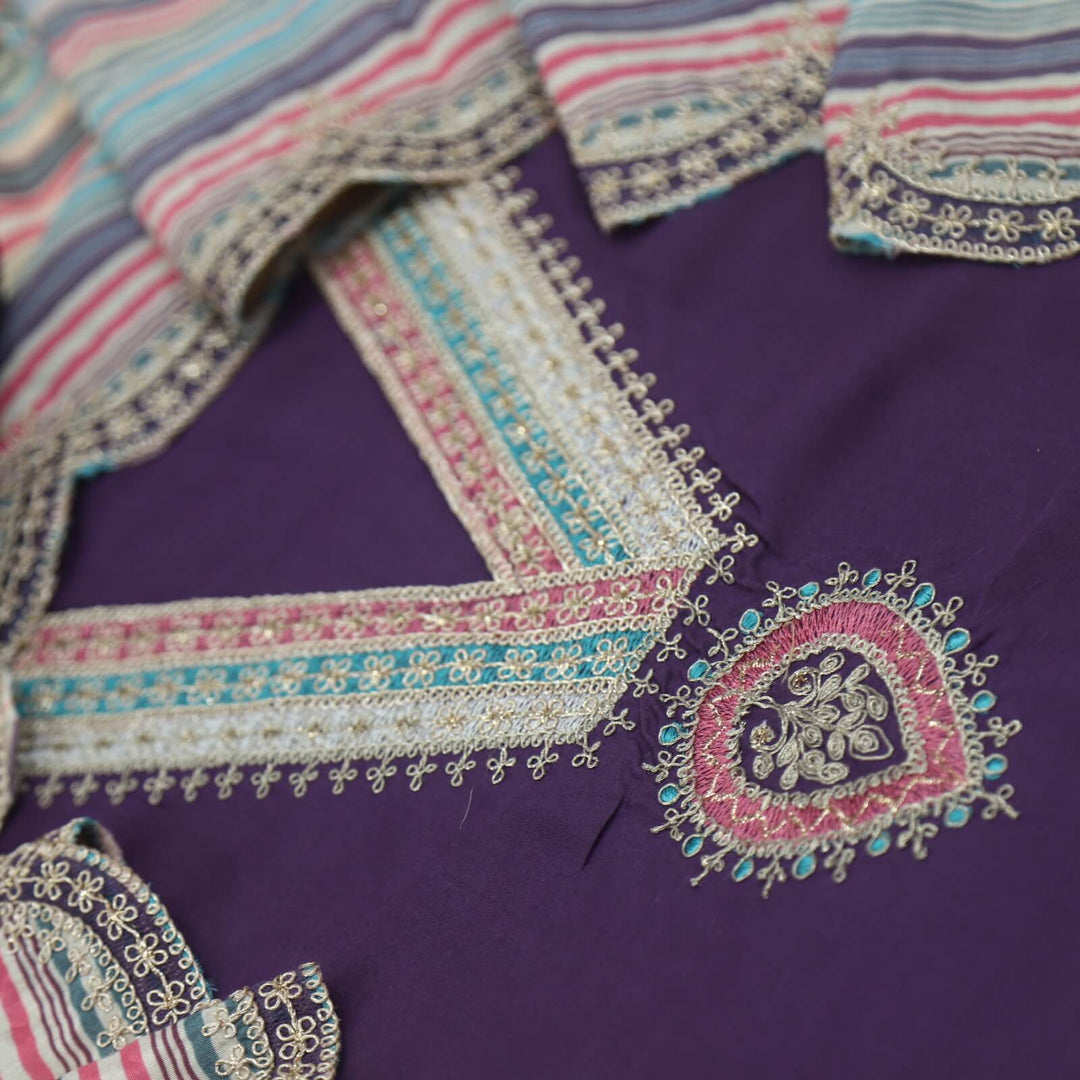 Lehjaa Dark Purple V Neck Pita Work Muslin Top with Stripe Printed Cotton Silk Dupatta Set