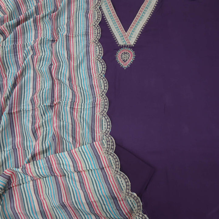 Lehjaa Dark Purple V Neck Pita Work Muslin Top with Stripe Printed Cotton Silk Dupatta Set
