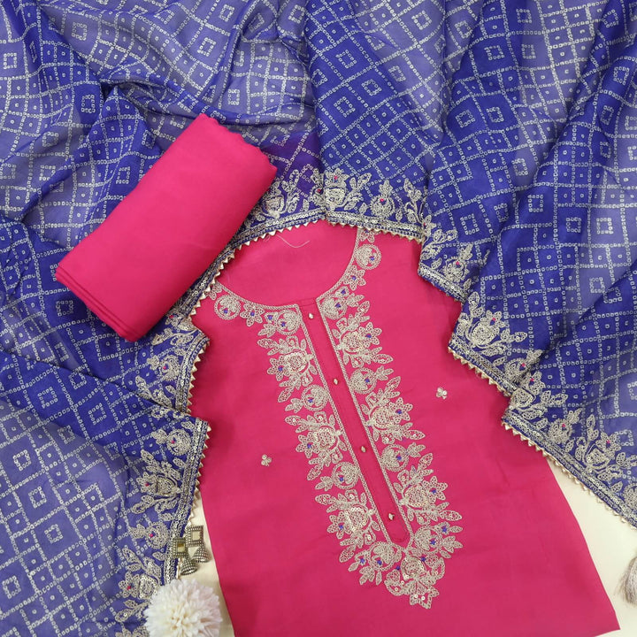 Gehrai Fuscia Pink Embroidered Neckline Dola Silk Top with Bandhani Printed Semi Georgette Dupatta Set