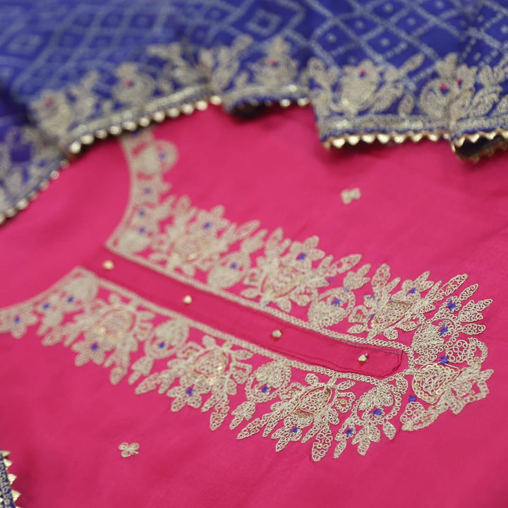 Gehrai Fuscia Pink Embroidered Neckline Dola Silk Top with Bandhani Printed Semi Georgette Dupatta Set