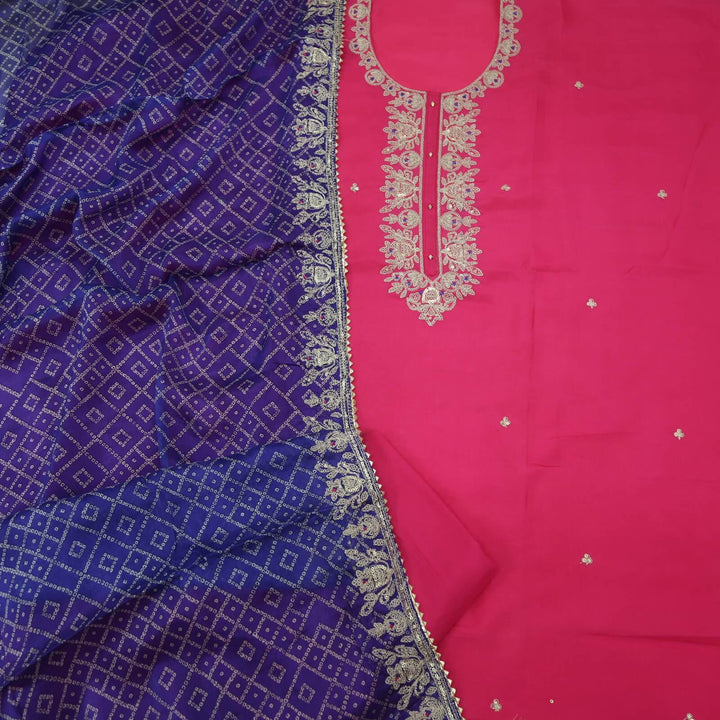 Gehrai Fuscia Pink Embroidered Neckline Dola Silk Top with Bandhani Printed Semi Georgette Dupatta Set