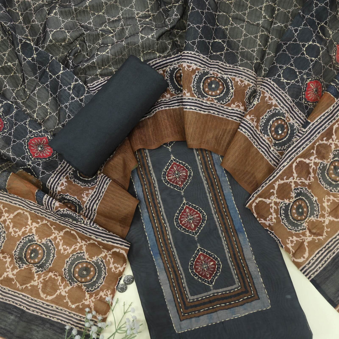 Sargoshi Dark Grey Kantha Work Neck Chanderi Top with Kantha Work Printed Chanderi Dupatta Set