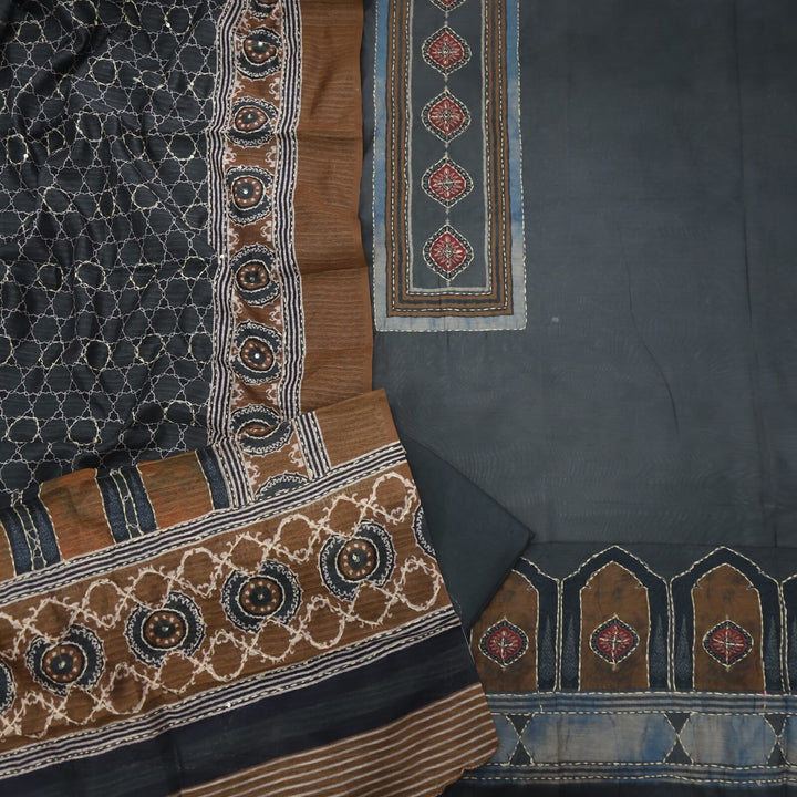 Sargoshi Dark Grey Kantha Work Neck Chanderi Top with Kantha Work Printed Chanderi Dupatta Set