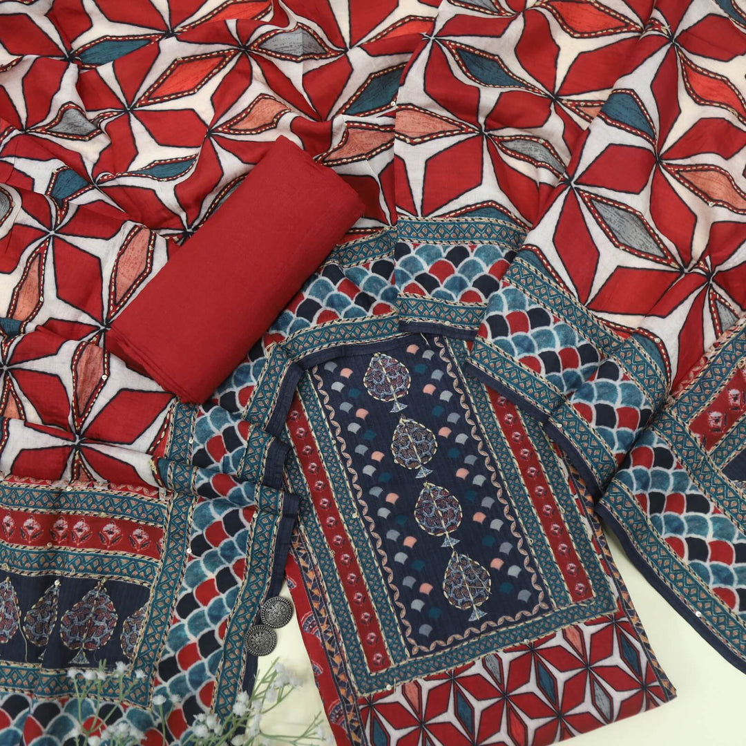 Sargoshi Maroon Printed Kantha Work Chanderi Silk Top with Printed Chanderi Silk Dupatta Set