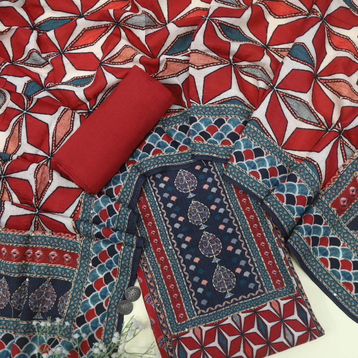 Sargoshi Maroon Printed Kantha Work Chanderi Silk Top with Printed Chanderi Silk Dupatta Set