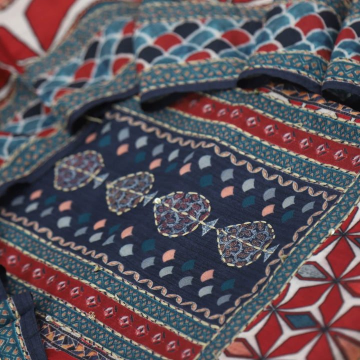 Sargoshi Maroon Printed Kantha Work Chanderi Silk Top with Printed Chanderi Silk Dupatta Set