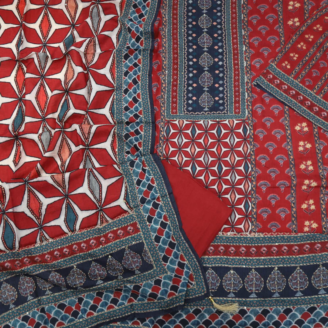 Sargoshi Maroon Printed Kantha Work Chanderi Silk Top with Printed Chanderi Silk Dupatta Set