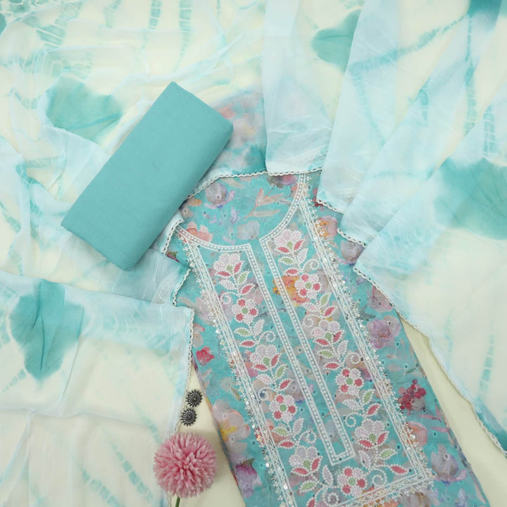 Nigahen Aqua Blue Thread Neck Floral Printed Cotton Schiffli Top with Chiffon Dupatta set