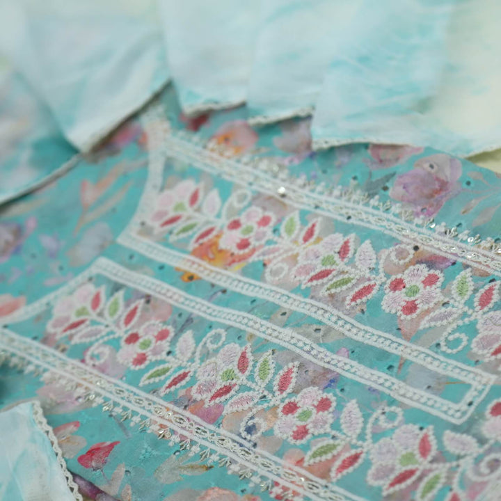 Nigahen Aqua Blue Thread Neck Floral Printed Cotton Schiffli Top with Chiffon Dupatta set
