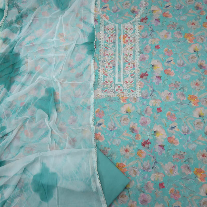 Nigahen Aqua Blue Thread Neck Floral Printed Cotton Schiffli Top with Chiffon Dupatta set