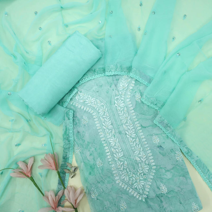 Ruhaaniyat Ocaen Green Embroidered Neck Marble Digital Printed Organza Top with Chiffon Dupatta Set