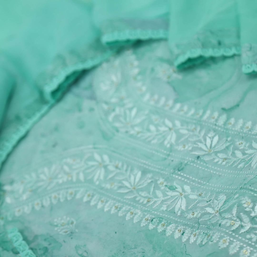 Ruhaaniyat Ocaen Green Embroidered Neck Marble Digital Printed Organza Top with Chiffon Dupatta Set