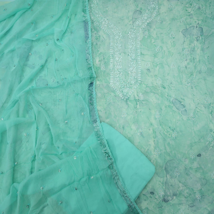 Ruhaaniyat Ocaen Green Embroidered Neck Marble Digital Printed Organza Top with Chiffon Dupatta Set