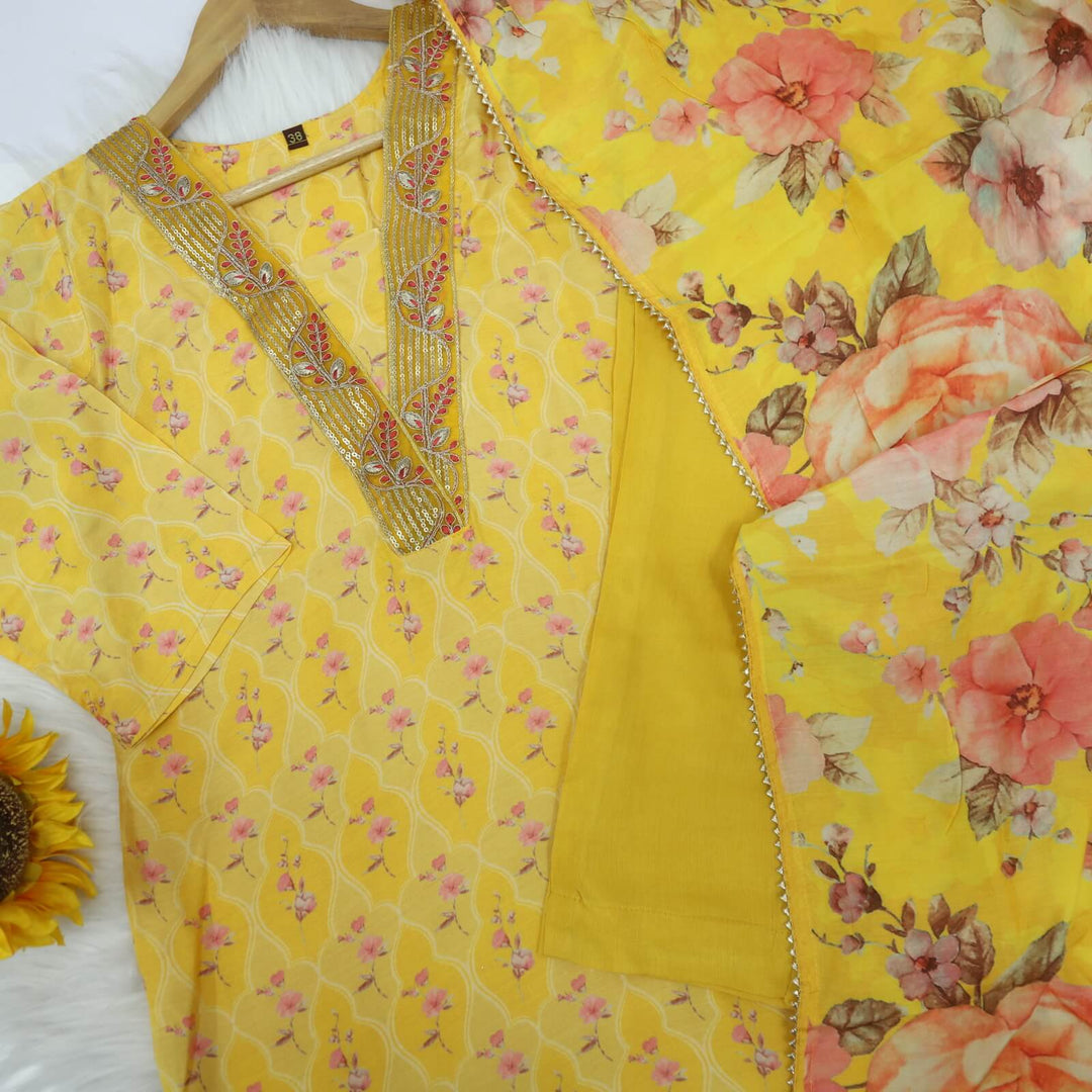 Zeenat Pineapple Yellow Floral Printed V Neck Muslin Top with Muslin Dupatta Set
