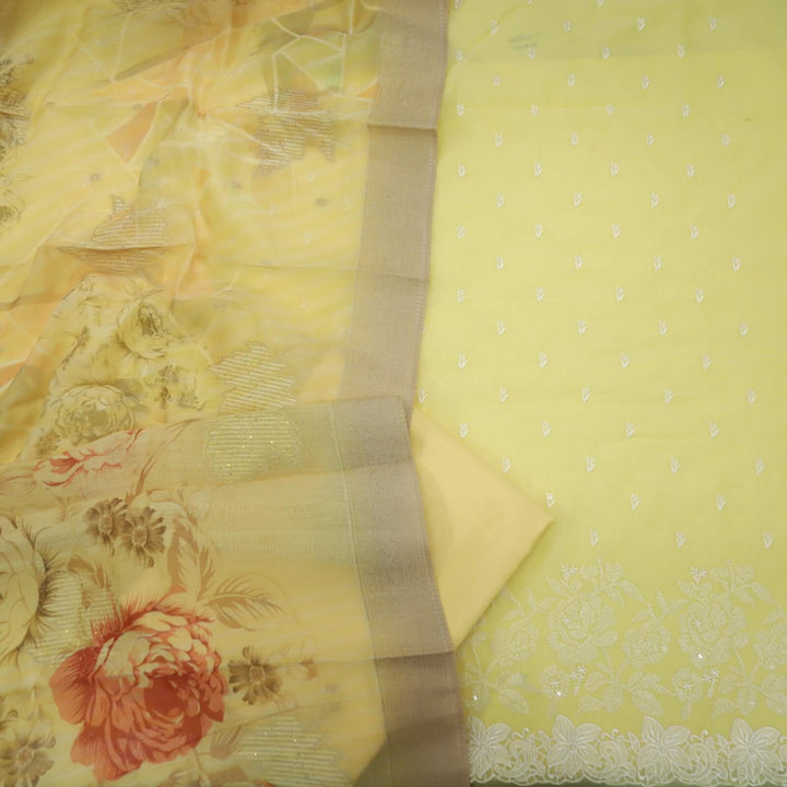 Nigahen Pine Apple Thread Work Chanderi Top with Floral Print Chanderi Dupatta Set