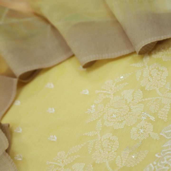 Nigahen Pine Apple Thread Work Chanderi Top with Floral Print Chanderi Dupatta Set
