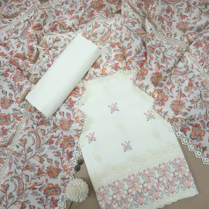 Nigahen Cream White and OrangeThread Work Glazed Cotton Top with Printed Cotton Dupatta Set