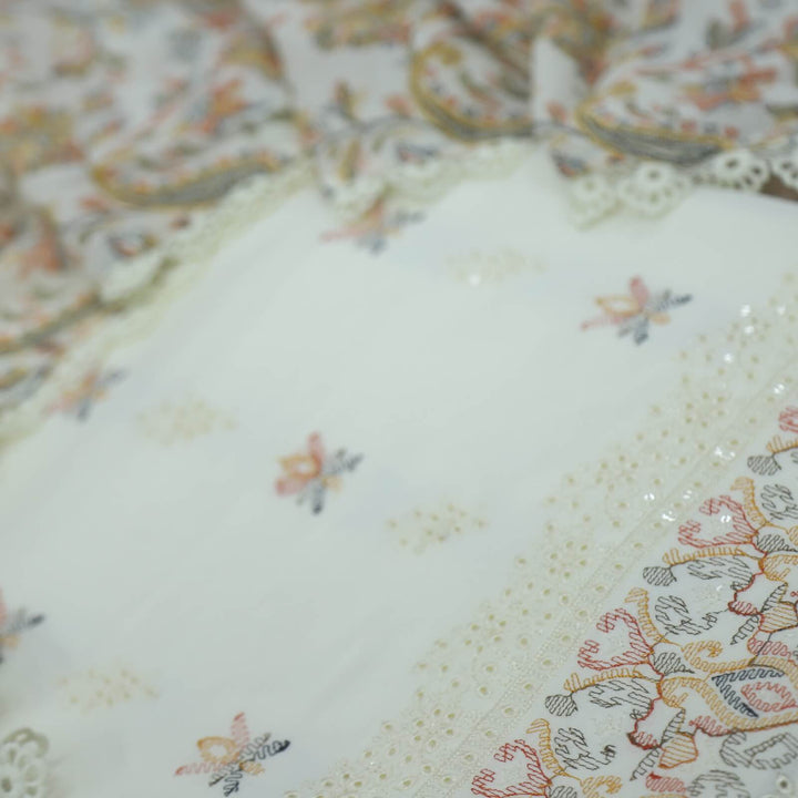Nigahen Cream White and Yellow Thread Work Glazed Cotton Top with Printed Cotton Dupatta Set
