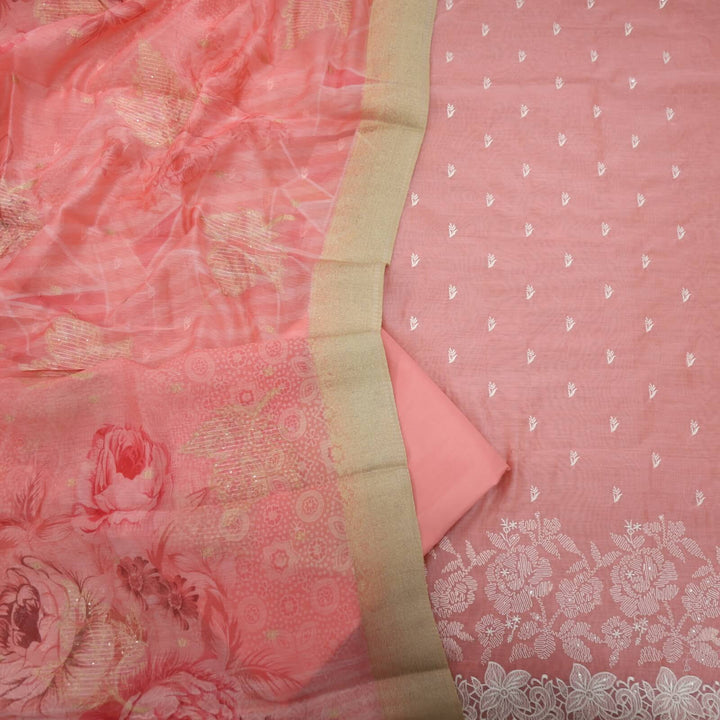 Nigahen Coral Pink Thread Work Chanderi Top with Floral Print Chanderi Dupatta Set