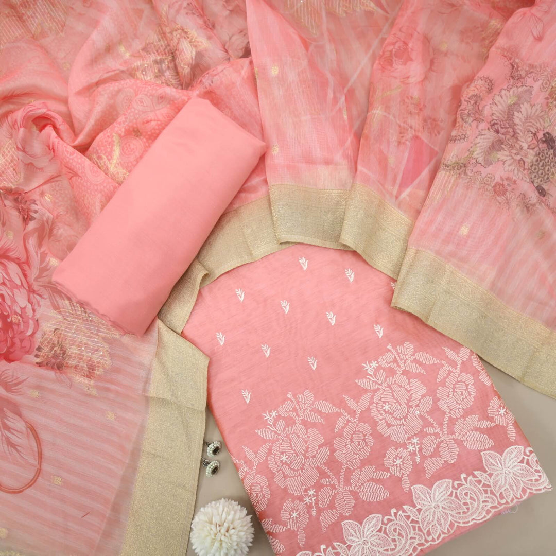 Nigahen Coral Pink Thread Work Chanderi Top with Floral Print Chanderi Dupatta Set