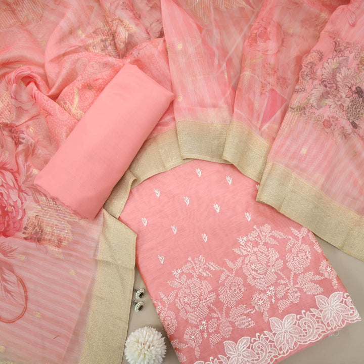 Nigahen Coral Pink Thread Work Chanderi Top with Floral Print Chanderi Dupatta Set