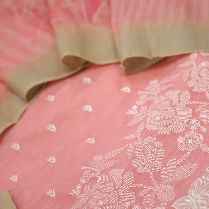 Nigahen Coral Pink Thread Work Chanderi Top with Floral Print Chanderi Dupatta Set