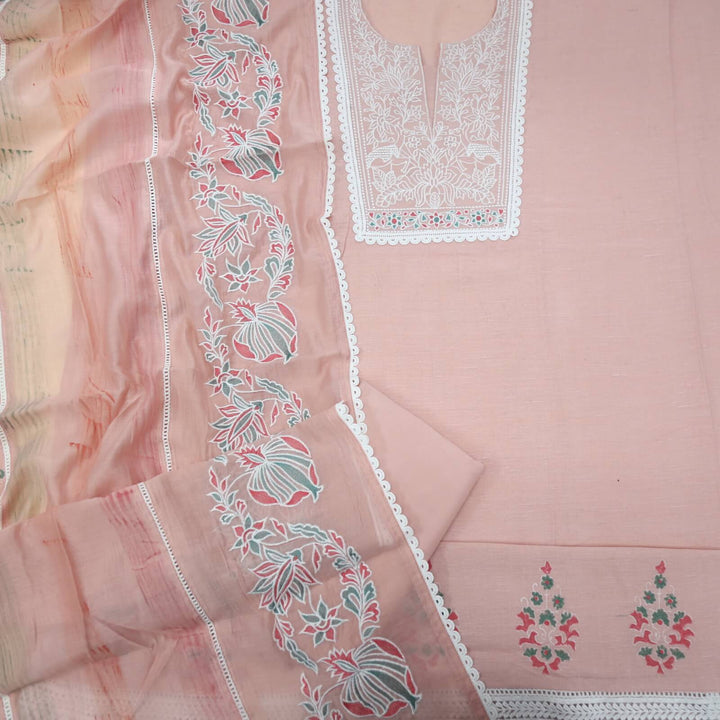 Nigahen Light Pink Embroidered Neck Work Cotton Linen Top with Thread work Organza Dupatta Set