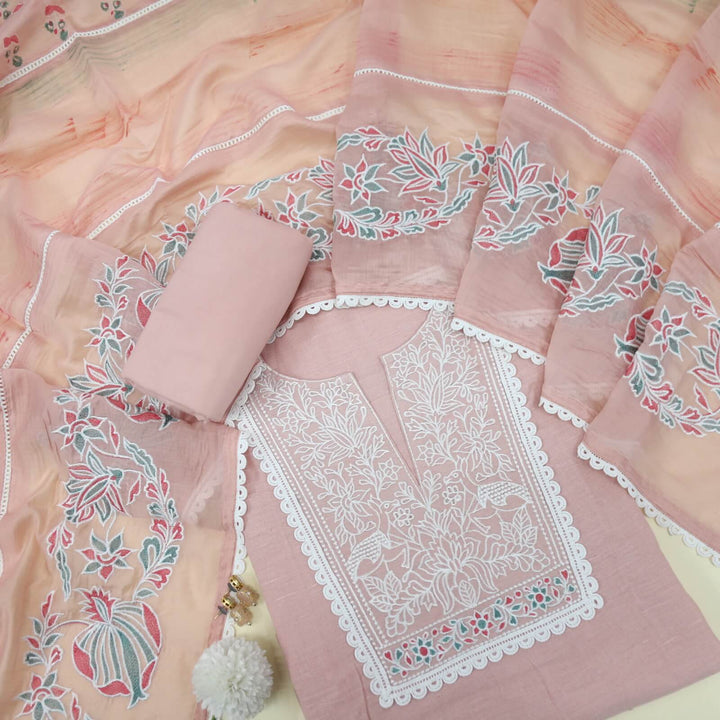 Nigahen Light Pink Embroidered Neck Work Cotton Linen Top with Thread work Organza Dupatta Set