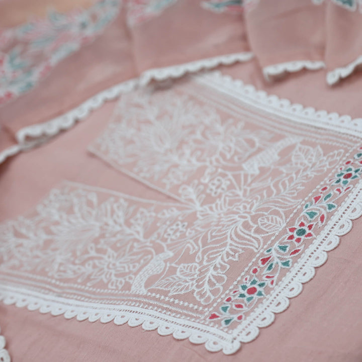Nigahen Light Pink Embroidered Neck Work Cotton Linen Top with Thread work Organza Dupatta Set