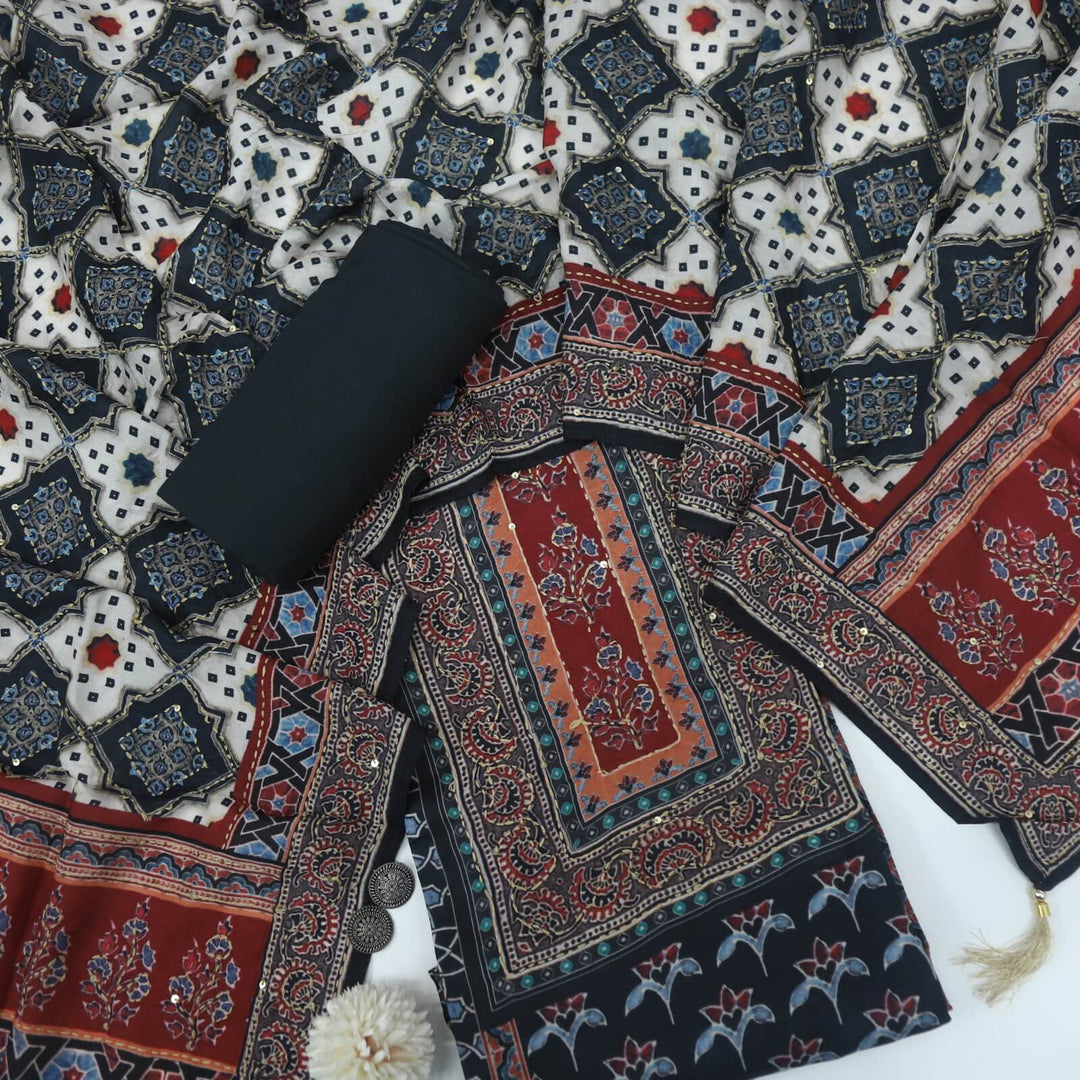 Sargoshi Navy Blue Printed Kantha Work Chanderi Silk Top with Printed Chanderi Silk Dupatta Set