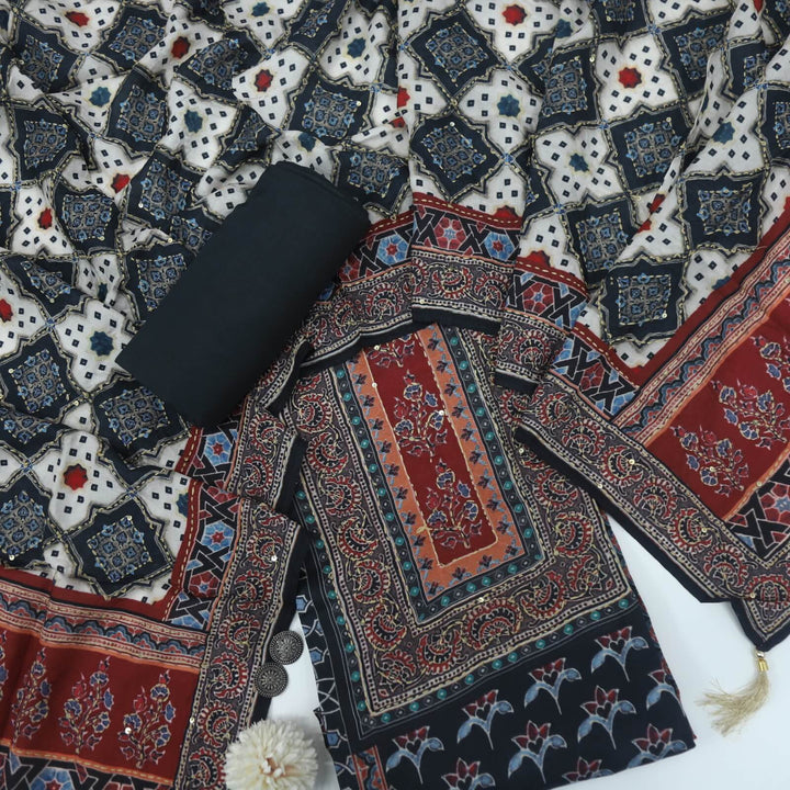 Sargoshi Navy Blue Printed Kantha Work Chanderi Silk Top with Printed Chanderi Silk Dupatta Set