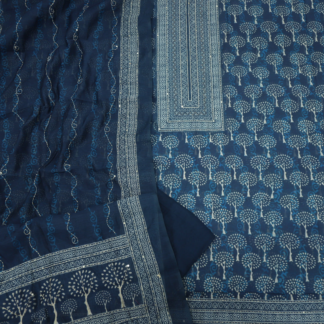 Sargoshi Peacock Blue Kantha Work Printed Chanderi Top With Kantha Work Chanderi Dupatta Set