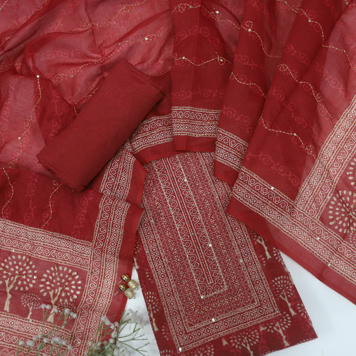 Sargoshi Falu Red Kantha Work Printed Chanderi Top With Kantha Work Chanderi Dupatta Set