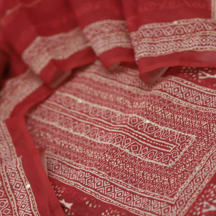 Sargoshi Falu Red Kantha Work Printed Chanderi Top With Kantha Work Chanderi Dupatta Set