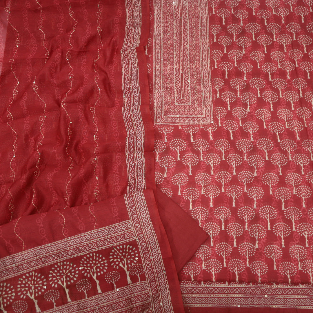 Sargoshi Falu Red Kantha Work Printed Chanderi Top With Kantha Work Chanderi Dupatta Set