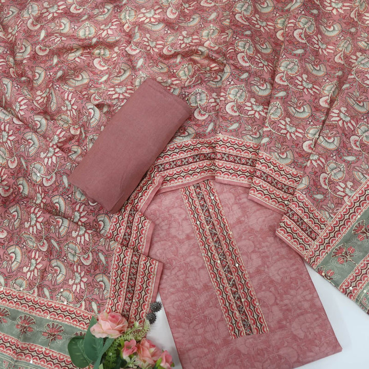 Sargoshi Blush Peach Digital Printed Chanderi Top with Kantha Work Chanderi Dupatta Set