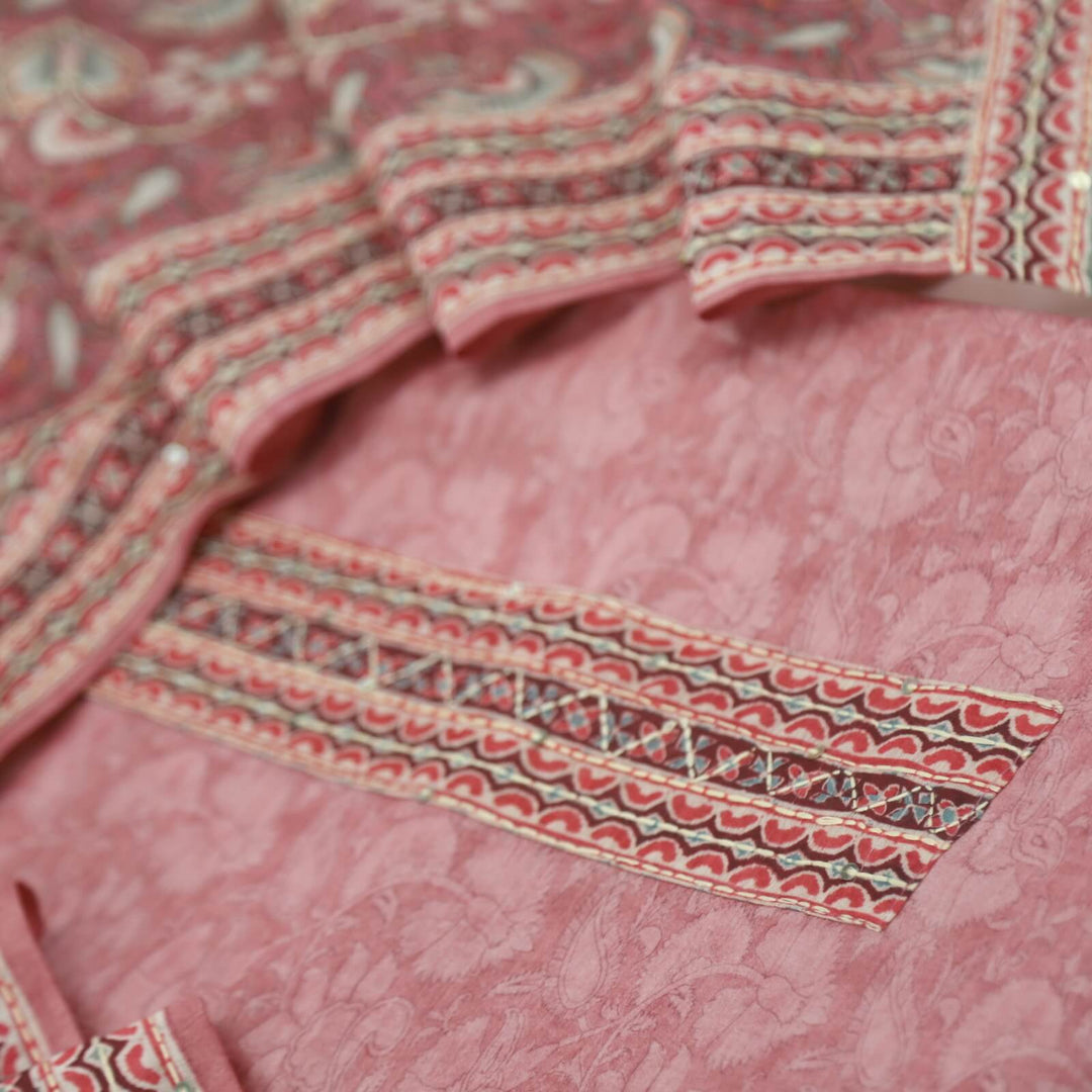 Sargoshi Blush Peach Digital Printed Chanderi Top with Kantha Work Chanderi Dupatta Set