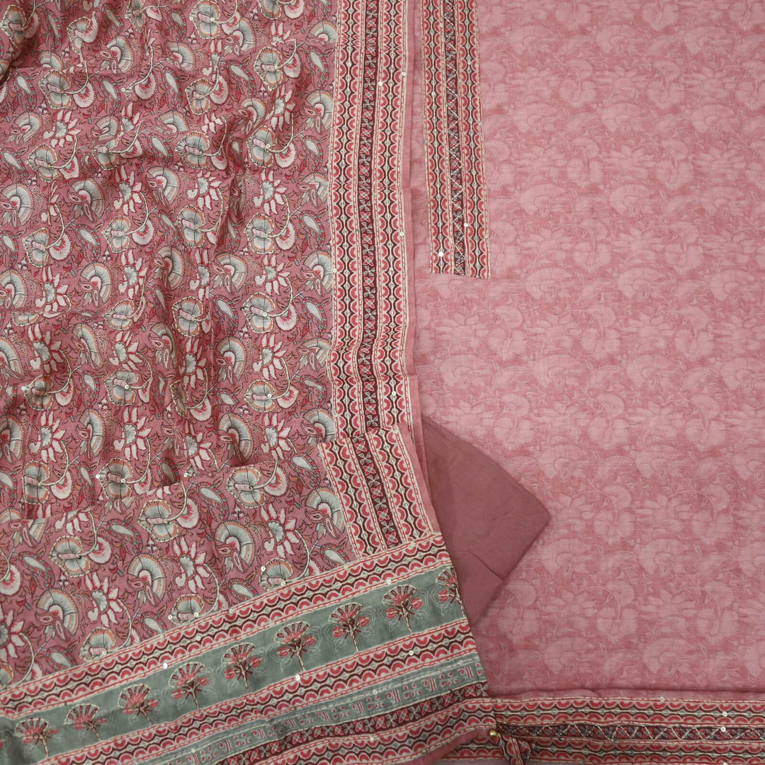 Sargoshi Blush Peach Digital Printed Chanderi Top with Kantha Work Chanderi Dupatta Set