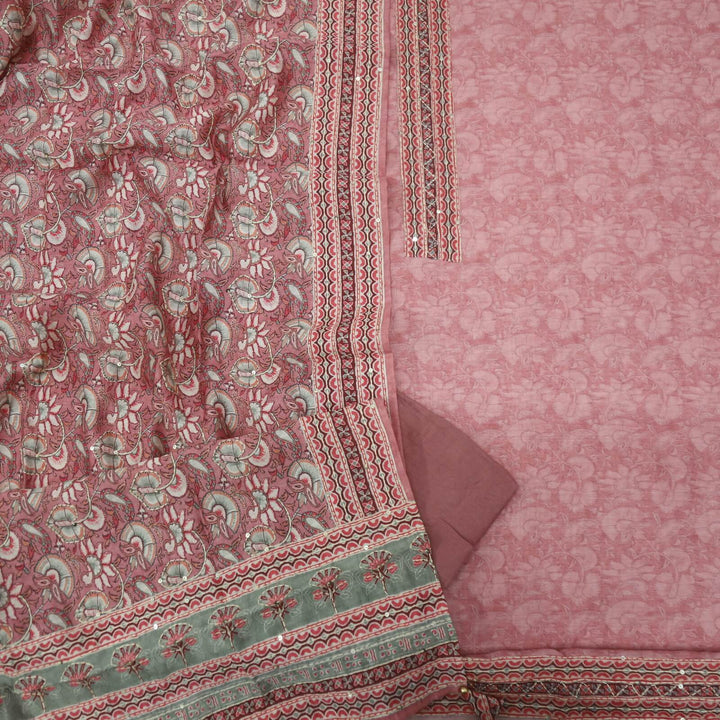 Sargoshi Blush Peach Digital Printed Chanderi Top with Kantha Work Chanderi Dupatta Set