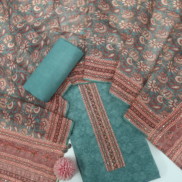 Sargoshi Aqua Blue Digital Printed Chanderi Top with Kantha Work Chanderi Dupatta Set