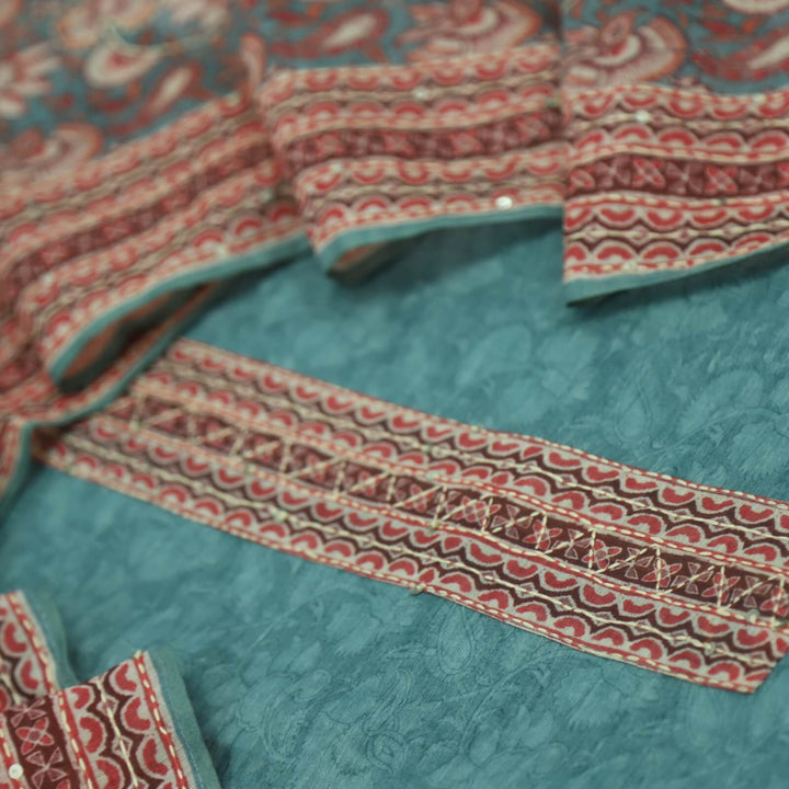 Sargoshi Aqua Blue Digital Printed Chanderi Top with Kantha Work Chanderi Dupatta Set